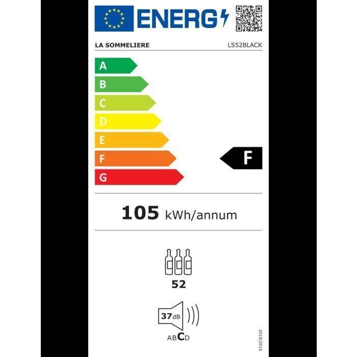 LS52BLACK – Wine cellar – La Sommelière – 52 bottles – 1 zone – 48.0 × 56.5 × 83.8 cm – Energy class F – 37 dB
