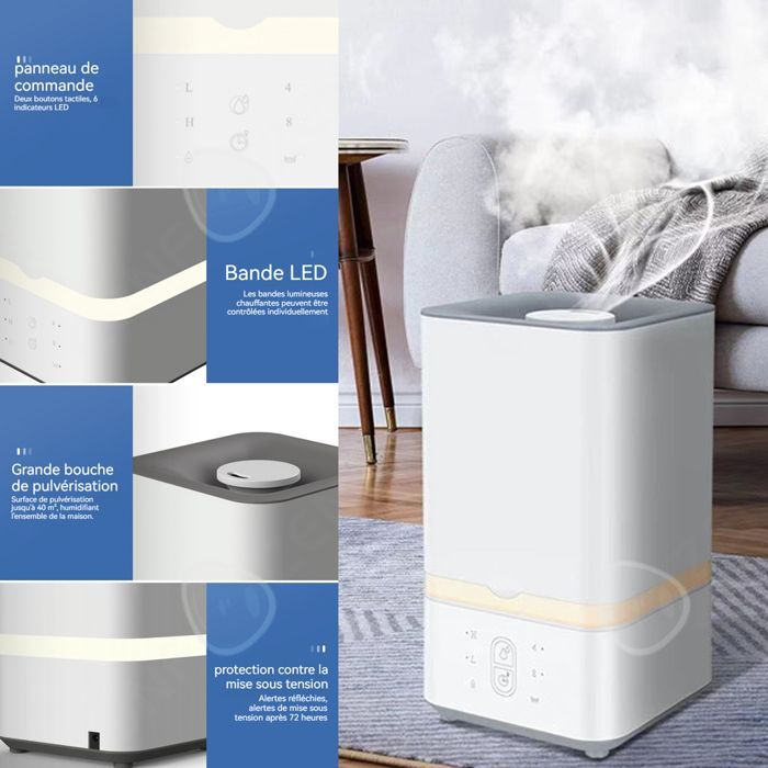 Humidificador de aire C 220v, depósito de agua de 6L, 2 velocidades, 6 LED, USB, doble toque, protección contra quemaduras en seco, difusor de aceites.