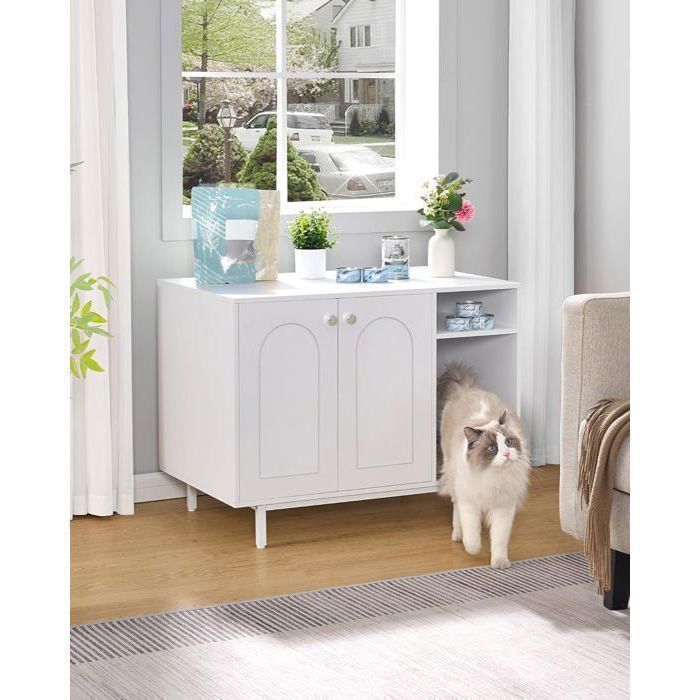 Casita para arenero de gato, mesita auxiliar de madera para mascotas, apta para la mayoría de gatos y areneros, color blanco.