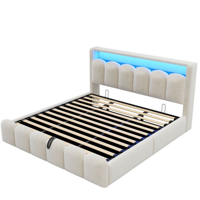 Cama tapizada con almacenamiento 180x200 - USB + Tipo-C - Con luz LED - Terciopelo - Beige (colchón no incluido)