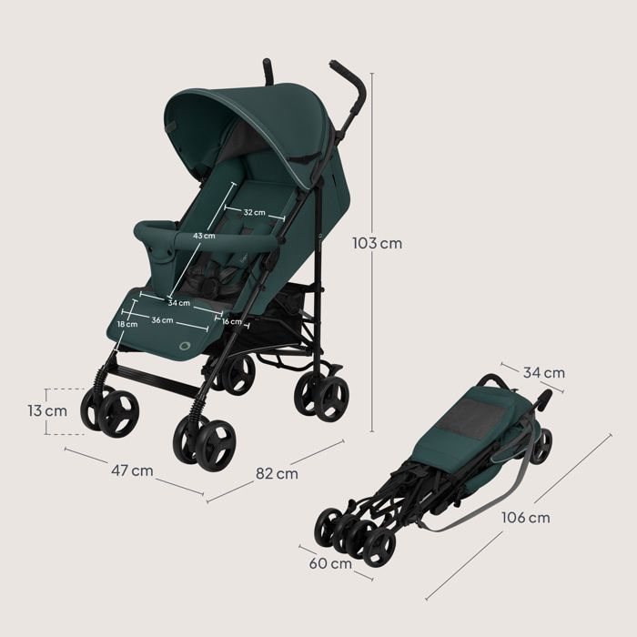 LIONELO Elia Compact Stroller - Very Lightweight - 6-36 months - Mosquito net included - Front shock absorbers - Emerald Green