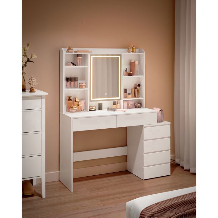 VASAGLE Coiffeuse, Grand Miroir LED à Luminosité Réglable, L-100cm, Compartiments Ouverts, Étagères Réglables, Blanc