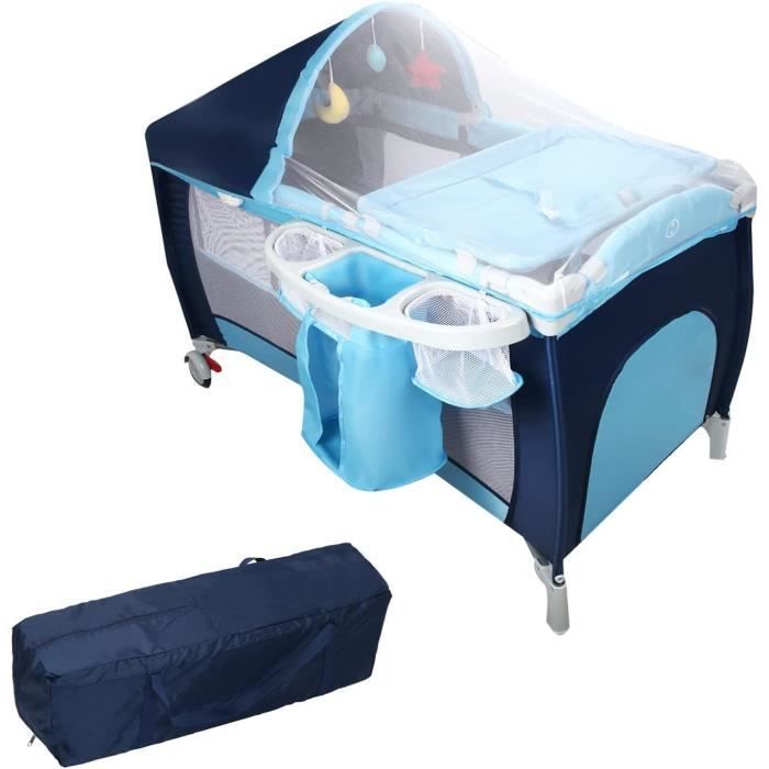LIFEZEAL Lit Parapluie Bébé Pliant avec Matelas,Roulettes,Table à Langer,Sac de Rangement Moustiquaire 0-36 Mois Charge 15 KG Bleu