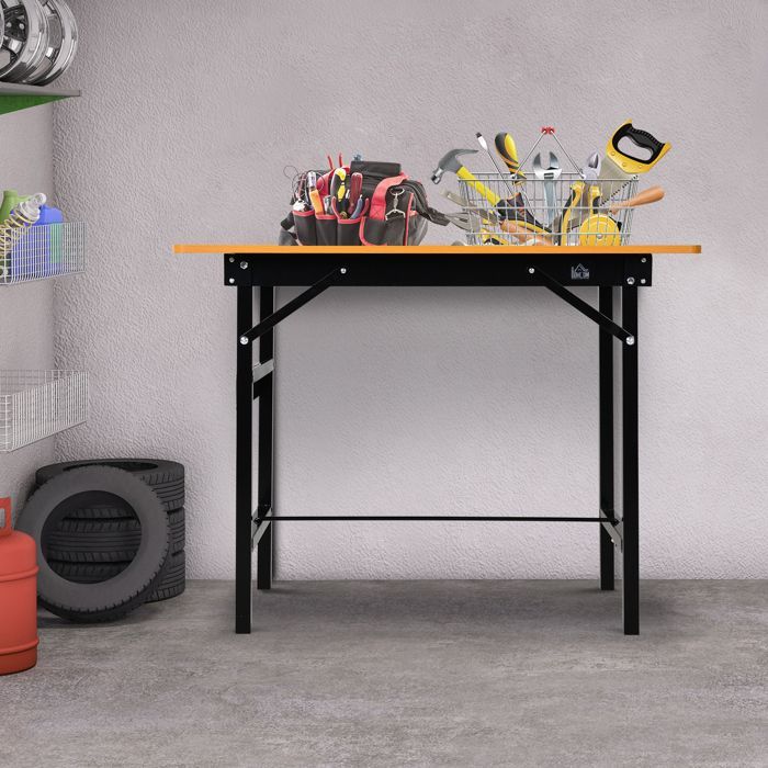 Banco de trabajo - HOMCOM - Mesa de trabajo plegable con regla y transportador, almacenamiento de herramientas - MDF - 100x60x75,5cm