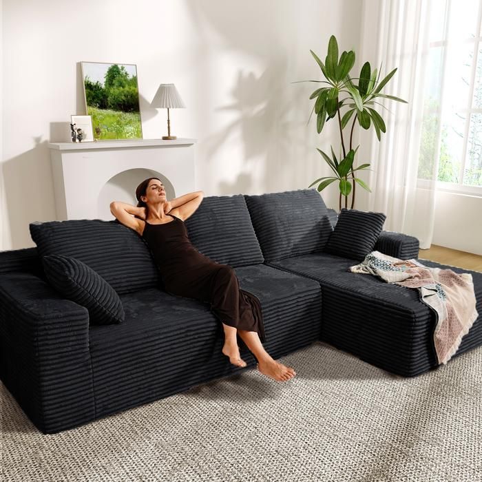 Divano angolare destro 263x171x59cm, combinazione libera 4/5 posti, non richiede montaggio, divano con chaise longue, velluto a coste nero