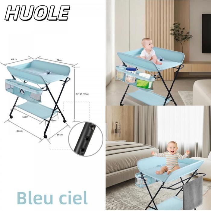 MESA - Cambiador con cesta de almacenamiento y perchero - HUOLE - Altura regulable - 80*66*98 cm - Azul cielo