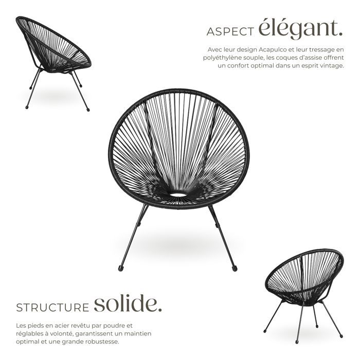 Garden chairs - TECTAKE - Set of 2 SANTANA garden chairs with elastic polyethylene rope, 70.5 x 69 x 78 cm - Black