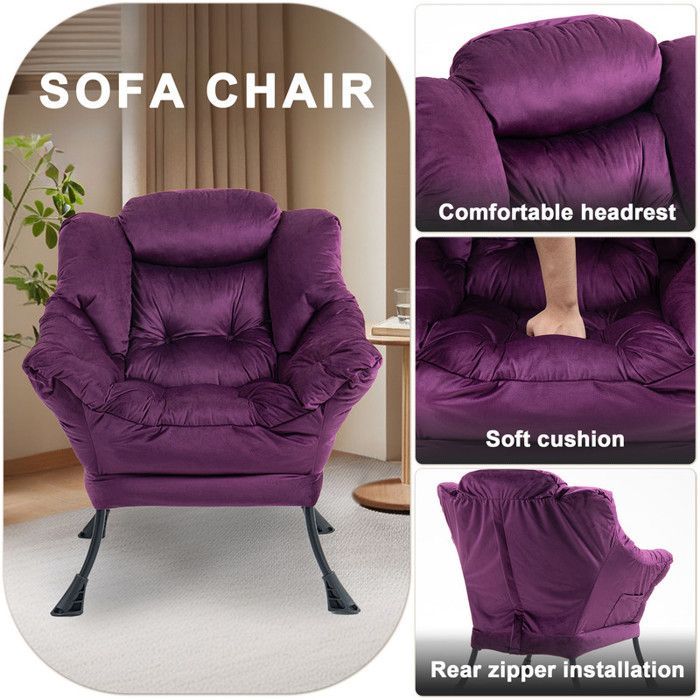 Relaxing armchair 75 x 80 x 85 cm, metal rocking chair with side pockets, minimalist nursing chair, purple