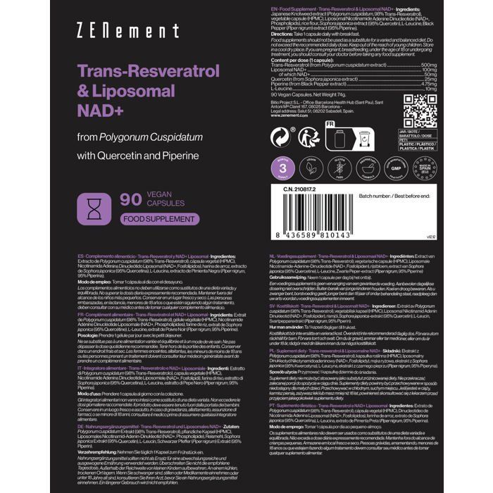 Trans-Resveratrol Lipossomal e NAD+, com Quercetina e Piperina - 90 Cápsulas Veganas