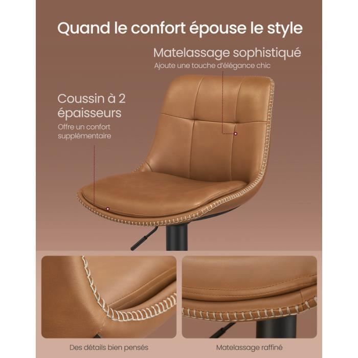 VASAGLE Tabourets de Bar, Lot de 4, Siège Pivotant à Hauteur Réglable, Matelassé, en PU, avec Dossier et Repose-Pieds, Acier, Marron