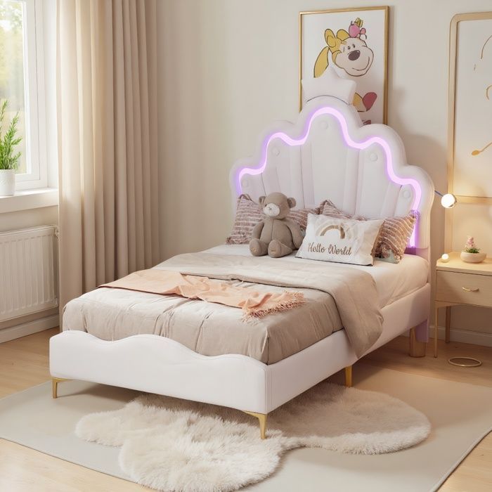 Cama individual, cama infantil tapizada de 90x200cm, estructura con LED y somier de láminas, cama Princess Heiress, blanca, PU