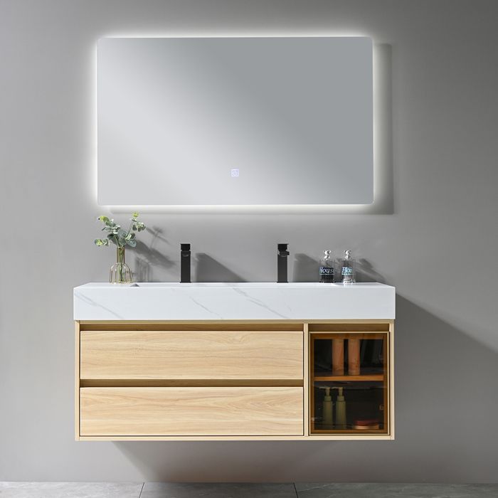 Mobile bagno LuxuryBain da 120 cm con doppio lavabo, finitura effetto legno e marmo bianco, con specchio a LED, modello LB-8512.
