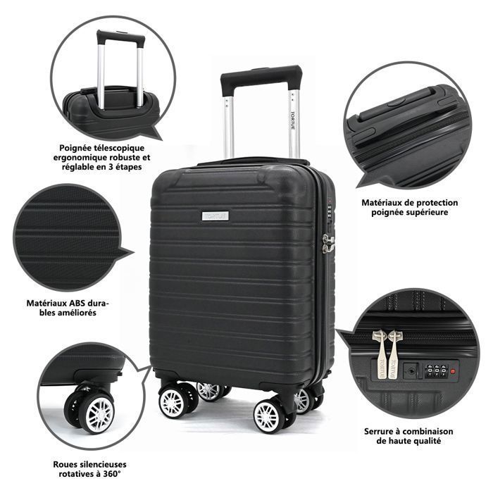 Mala de cabine 40×30×20 cm, ABS rígido, resistente a impactos, 4 rodas, fechadura de combinação – compatível com EasyJet – preta