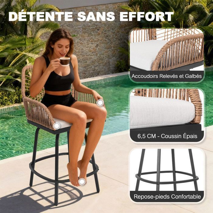 Juego de 2 taburetes giratorios de exterior Avestar – Ratán tejido beige – Respaldo alto y reposapiés – Patio, jardín, balcón