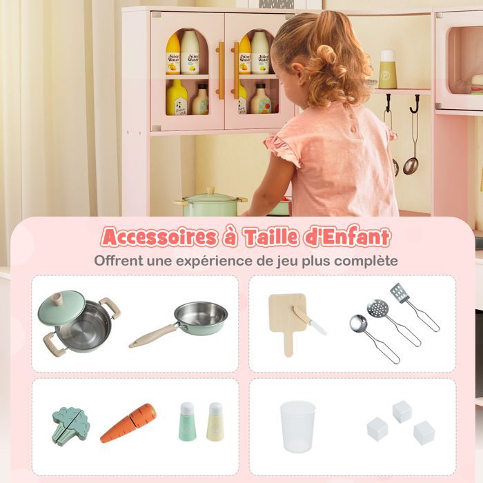 Cocina interactiva de madera para niños COSTWAY XXL - Para mayores de 3 años con bandeja retráctil, luces y sonidos, 16 accesorios, color rosa.