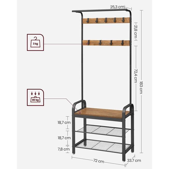 Vestiaire, Meuble d’Entrée avec Étagère Chaussures - VASAGLE - HSR040B41 - Marron Châtaigne et Noir