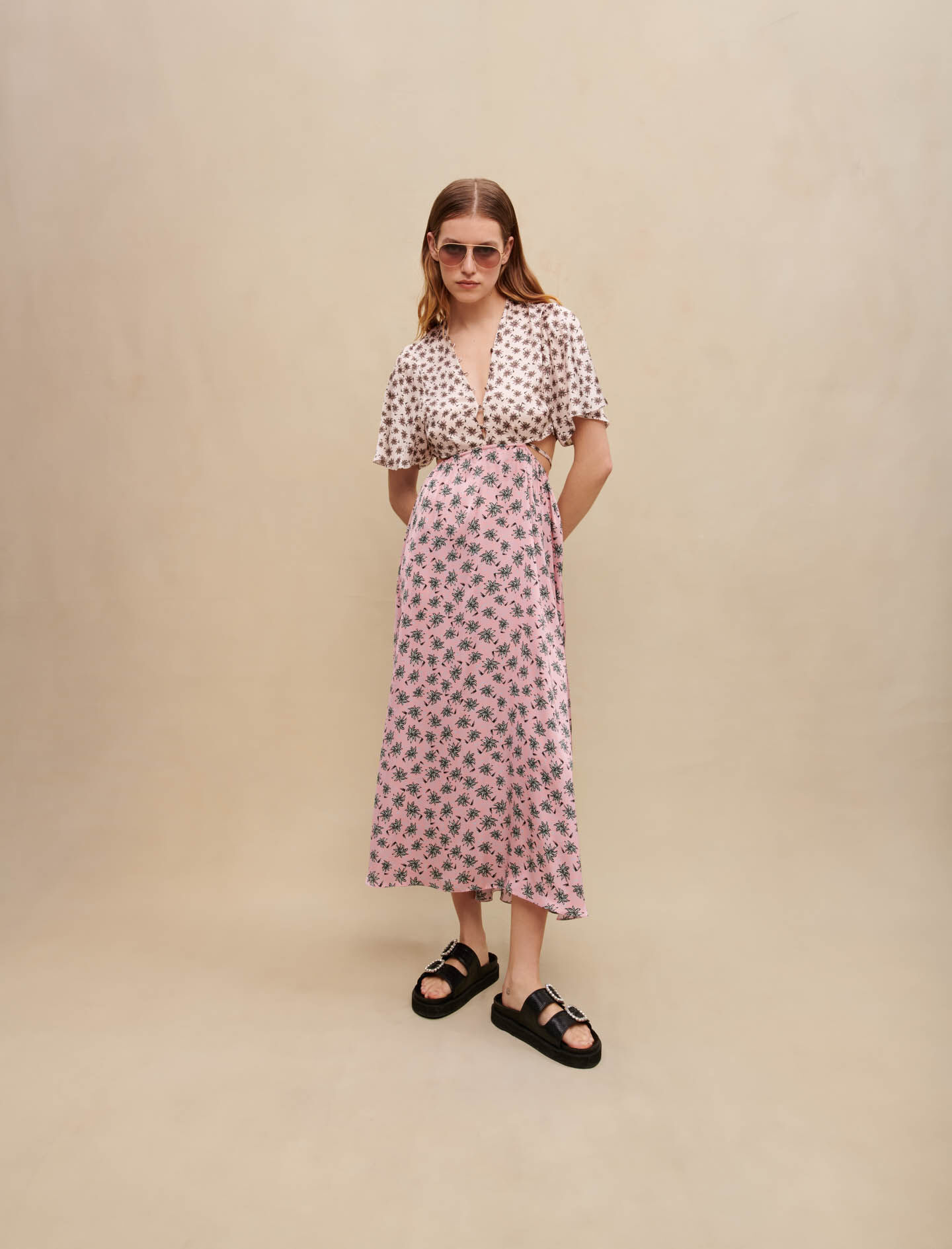 Rochie lungă cu imprimeu de palmieri - Mix palmier rose