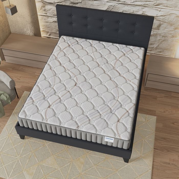 Colchón y cama (140x200cm) - Sirius 16cm Látex natural y espuma de alta densidad + Base de láminas estable y cabecero tapizado en negro