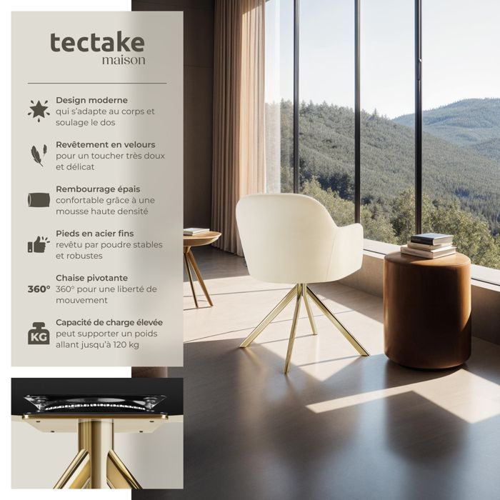 Silla - TECTAKE - LONA, sillón giratorio 360° con acolchado grueso y respaldo redondeado, 56 x 59 x 81 cm - Crema/Oro
