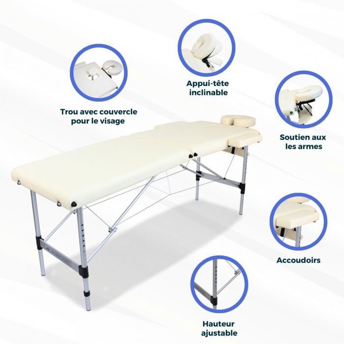Camilla de masaje plegable ligera Mobiclinic CA-01, de aluminio portátil, altura regulable, reposacabezas, bolsa de transporte, color crema.