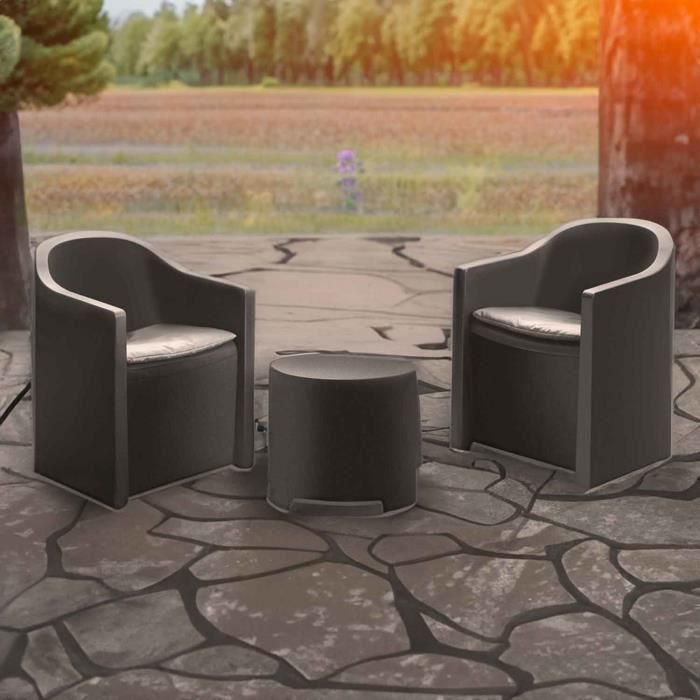 Conjunto de muebles de jardín LUNA - 2 sillones + mesa de centro - Resina - Cojines incluidos - Diseño elegante