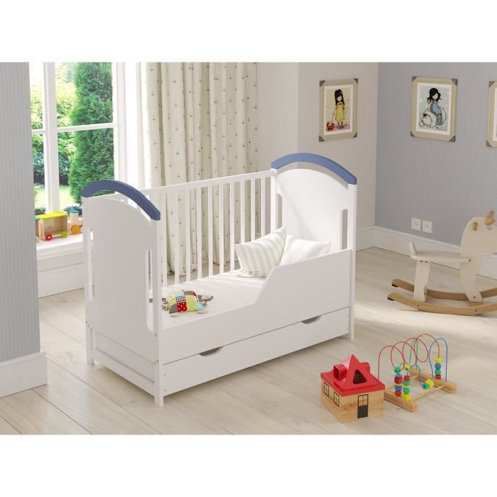 Cama infantil, cuna, azul y blanca, 120x60cm, con cajón y barandilla de seguridad.