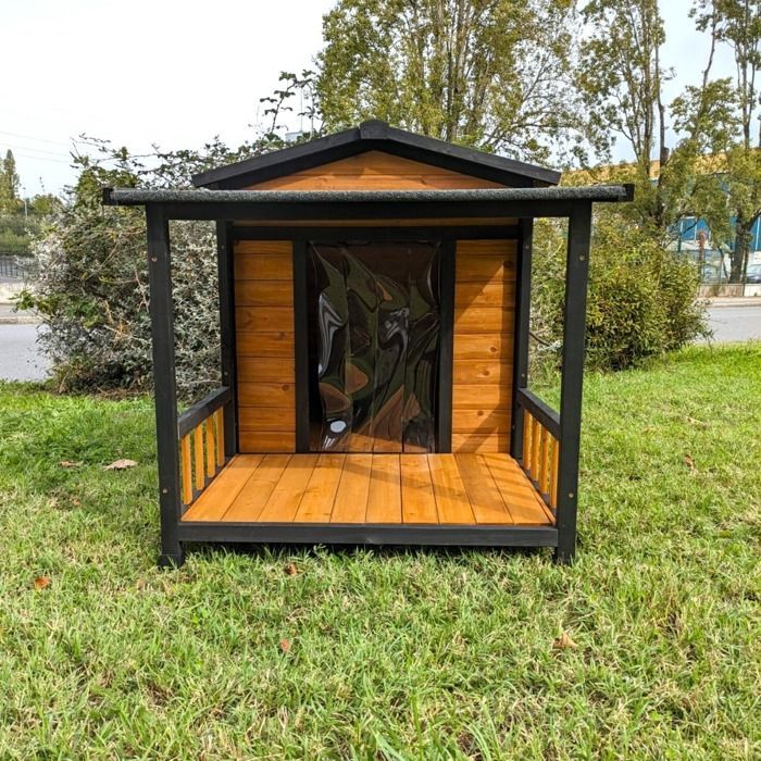 Caseta para perro pastor australiano con techo de tejas y terraza cubierta, tamaño L, madera.