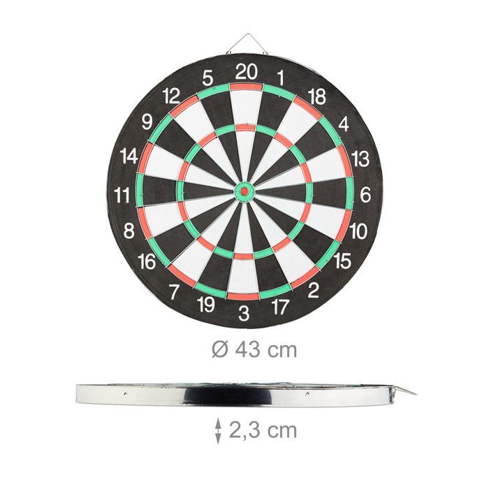 Relaxdays Cible de Fléchettes X2 43 cm Compétition Jeu de fléchettes avec 6 fléchettes, noir-blanc
