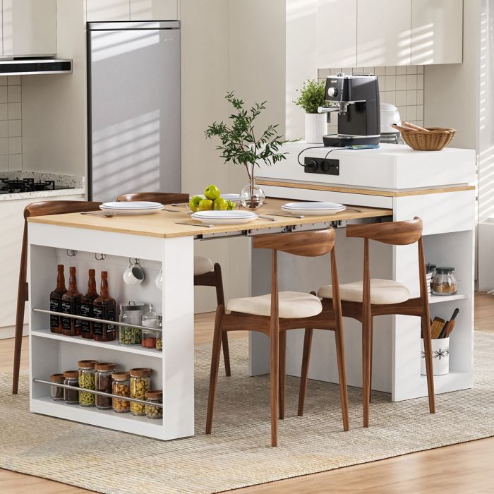 Uitschuifbaar keukeneiland met opbergruimte, modern minimalistisch dressoir, 83 × 46-146,5 × 96 cm, voorzien van een stopcontact, wit