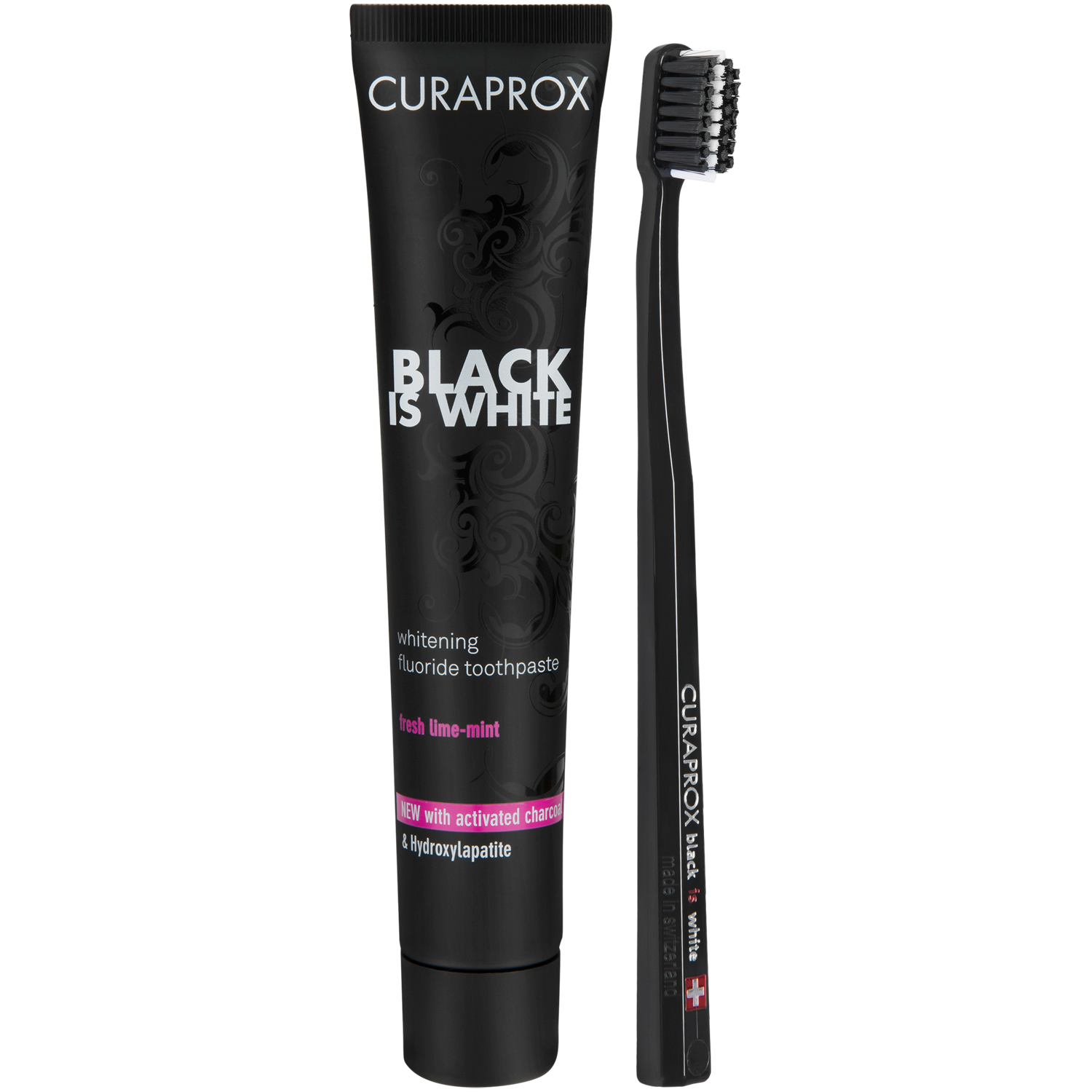 Curaprox-set: tandkräm 90 ml tandborste 1 st Svart Vit