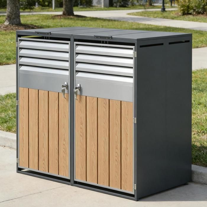 Cobertizo para contenedores HOMVRA, tapa de 2 compartimentos con tapa hidráulica y 2 puertas ventiladas, acero, gris y madera.