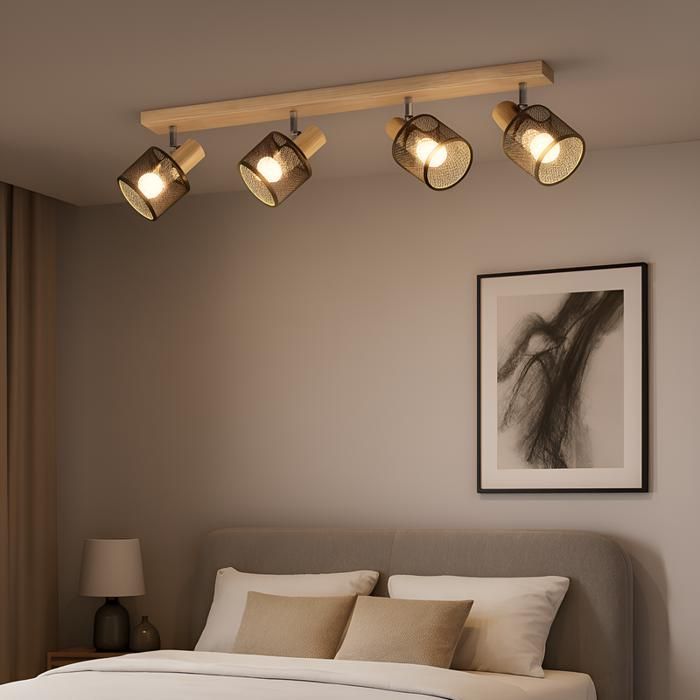 Plafondlamp - NETTLIFE - 4-spot E14 plafondlamp - 4 x E14 25W - Vintage hout & metaal - 350° draaibare spots