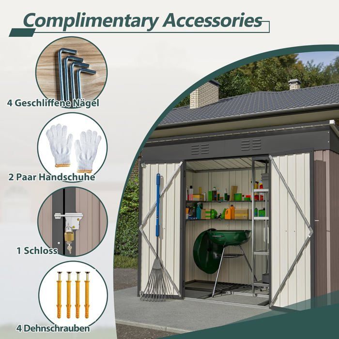 Garden shed - HOME AND GARDEN - Metal - Lockable - 242 x 126 x 182 cm - Brown