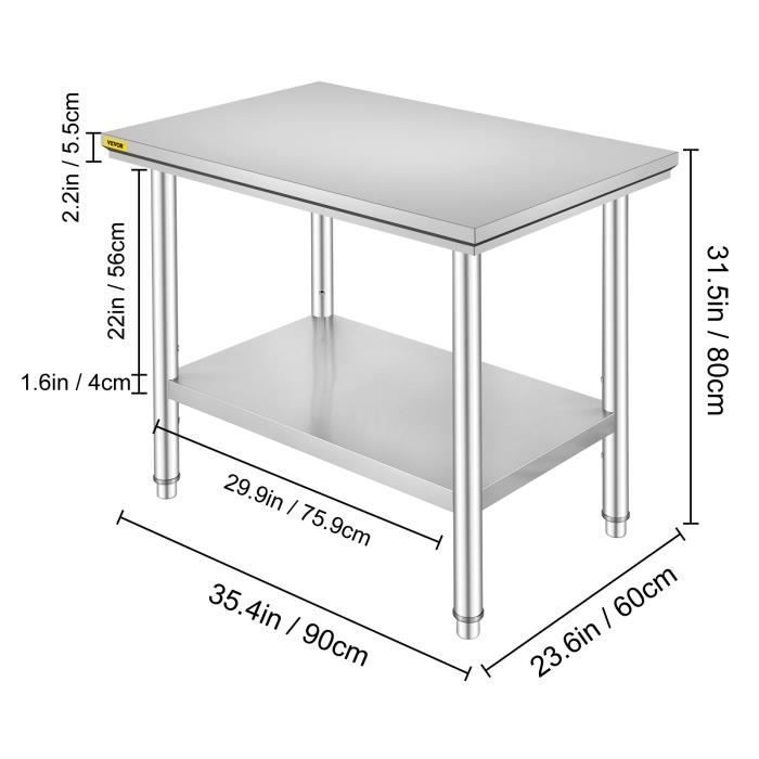 Mesa de trabajo de cocina de acero inoxidable - VEVOR - 60 x 90 x 80 cm - Capacidad de carga de 130 kg