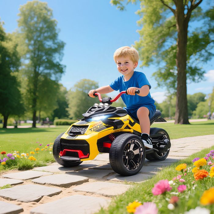 Quad eléctrico infantil - Coche eléctrico para niños - AIYAPLAY - 12V, 3 ruedas, 2 motores, reproductor MP3 - 113 x 74 x 63 cm - Amarillo