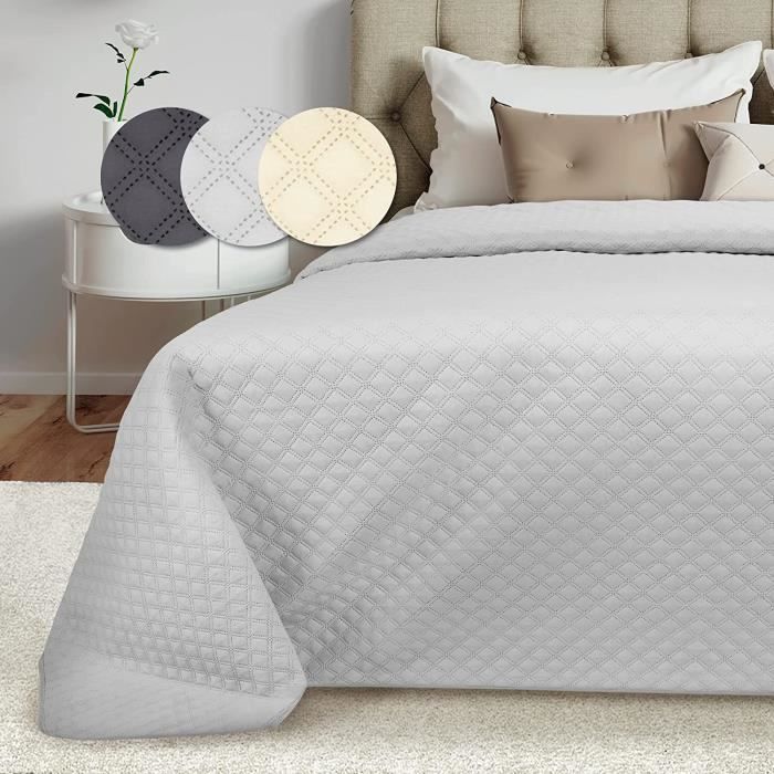 Beautissu Olivia – Grand Couvre Lit 220x240 cm Jeté de Lit Matelassé – Couverture Gris Jeté de Lit Respirant