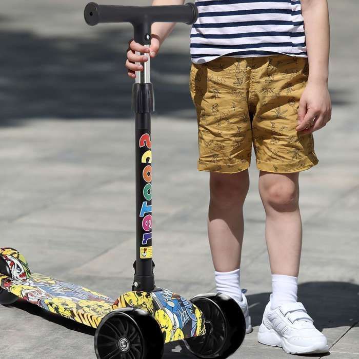 Trottinette enfant, roues LED, guidon réglable en hauteur, pliable, jaune