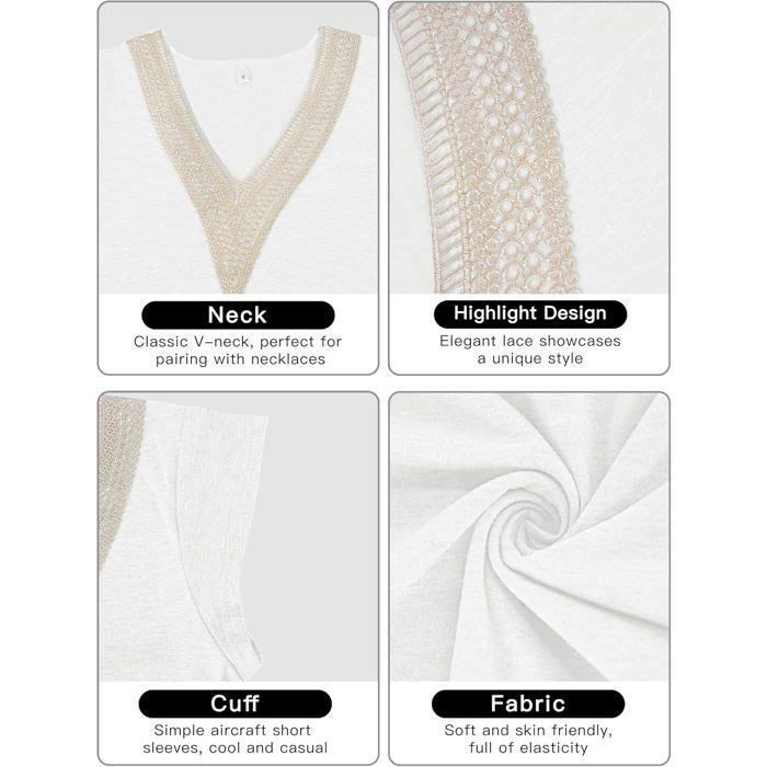 T-Shirt D'été à Manches Courtes pour Femme - Blanc - Col V et Élégant - Dentelle Ajourée Tee Shirt - Été Top Lâche Classique