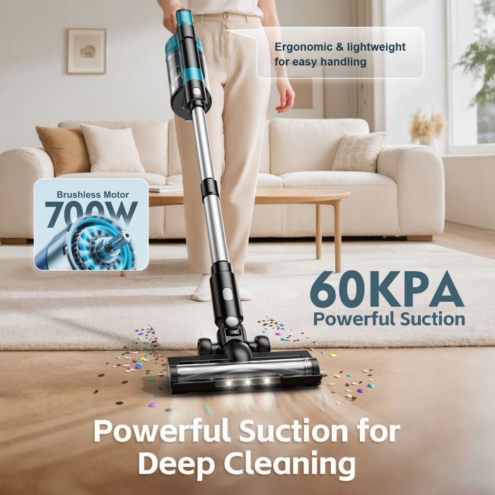 Aspirateur balai sans fil 700W 60KPa • 2×21V 4000mAh 70–72min • Bac 0,8L • LEDs • Sols durs, tapis, poils