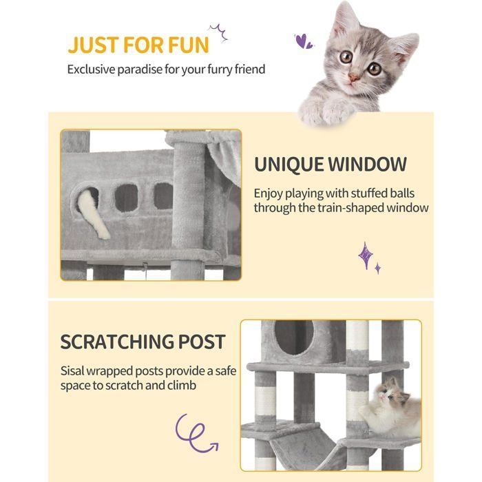 Árbol rascador grande para gatos de 170 cm, ideal para gatos grandes, con percha grande, alfombrilla lavable, 2 cuevas para gatos, 8 postes rascadores, color gris claro.