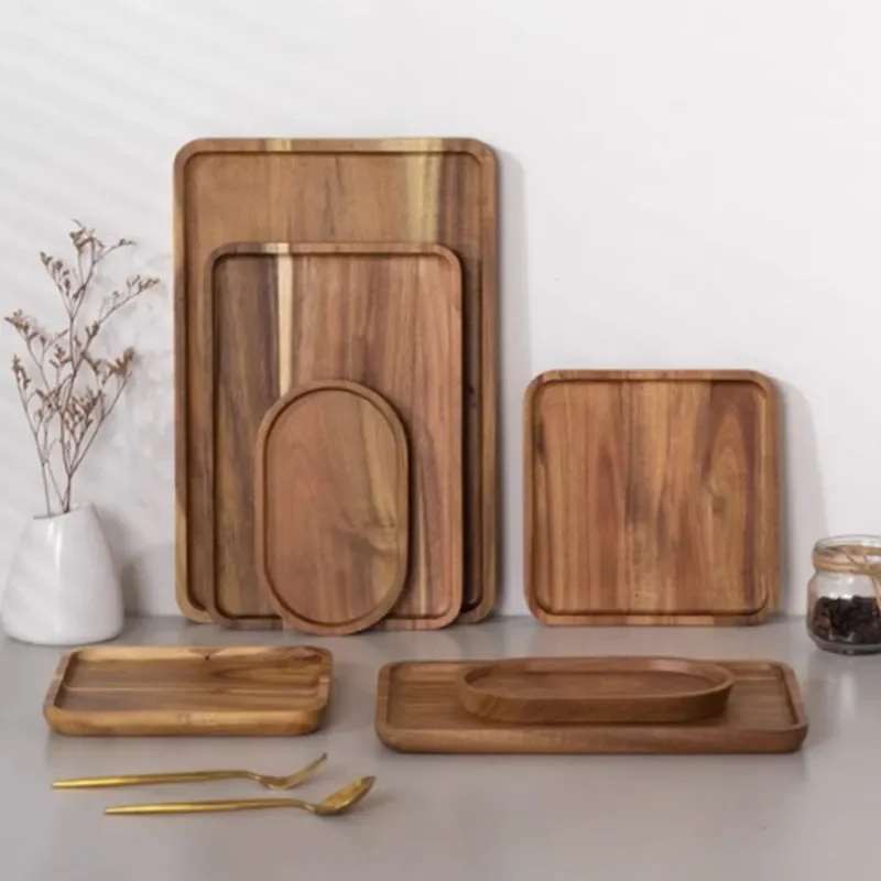 Plateau en bois d'acacia, plateau à café rectangulaire, assiette à fruits, plateaux de rangement pour aliments, desserts, bonbons, plateau à thé Gongfu, accessoires de cuisine