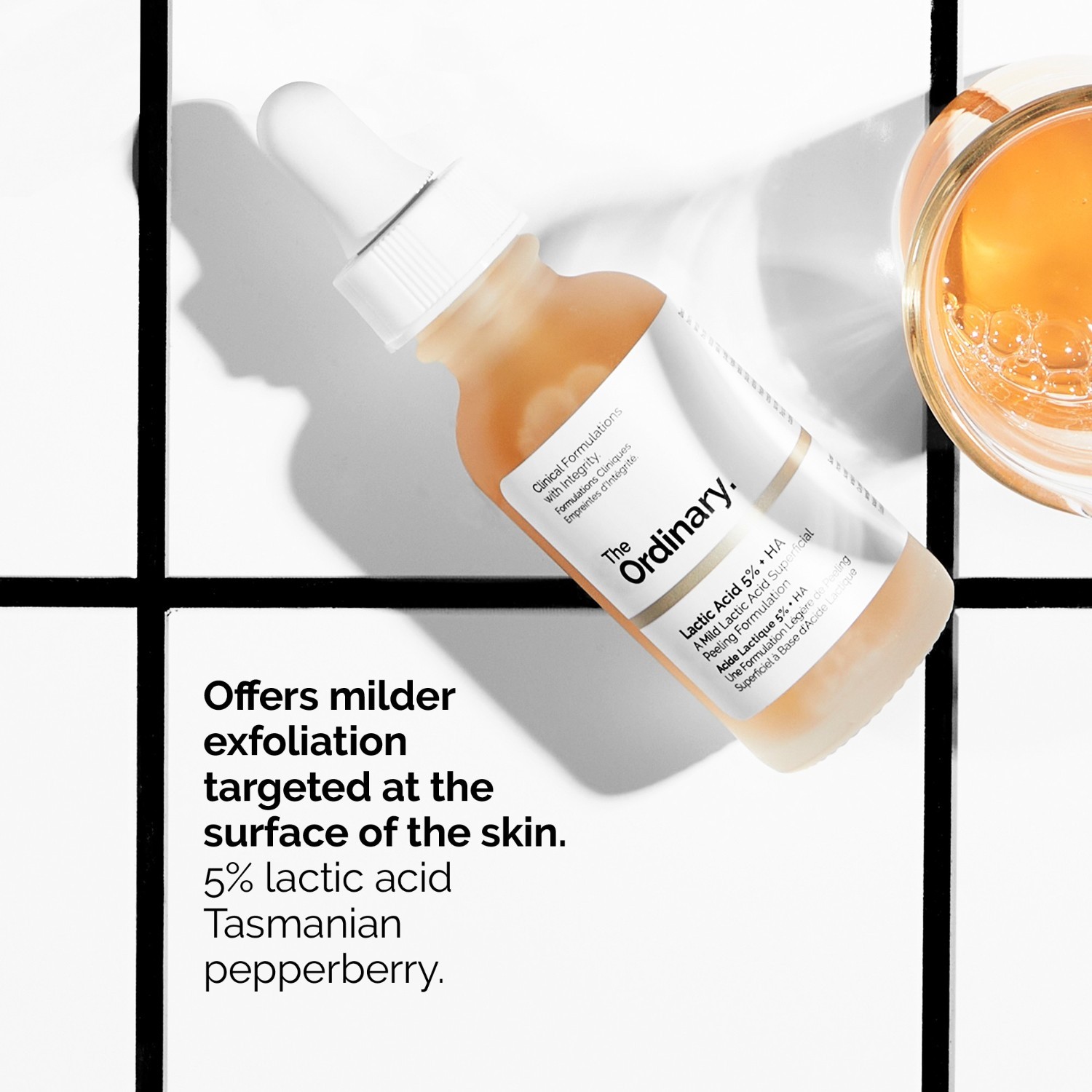 Obyčajný peeling na tvár pre jednotný vzhľad pleti, 5 % kyselina mliečna + 2 % kyselina hyalurónová – 30 ml