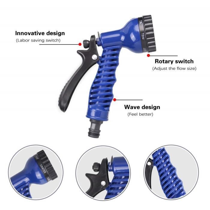 1pcs Tuyau D'arrosage, 30m (100 ft) Flexible Tuyau, D'arrosage Rétractable Tuyau d'eau Extensible avec pour Irrigation（blue)