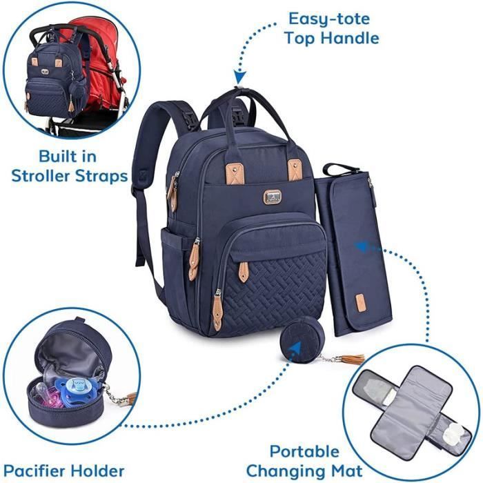 Sac à Dos à Langer Dikaslon Grand Sac Avec Matelas à langer et attache tétine, Sangles de Poussette - Sac de Maternité (Bleu marin)