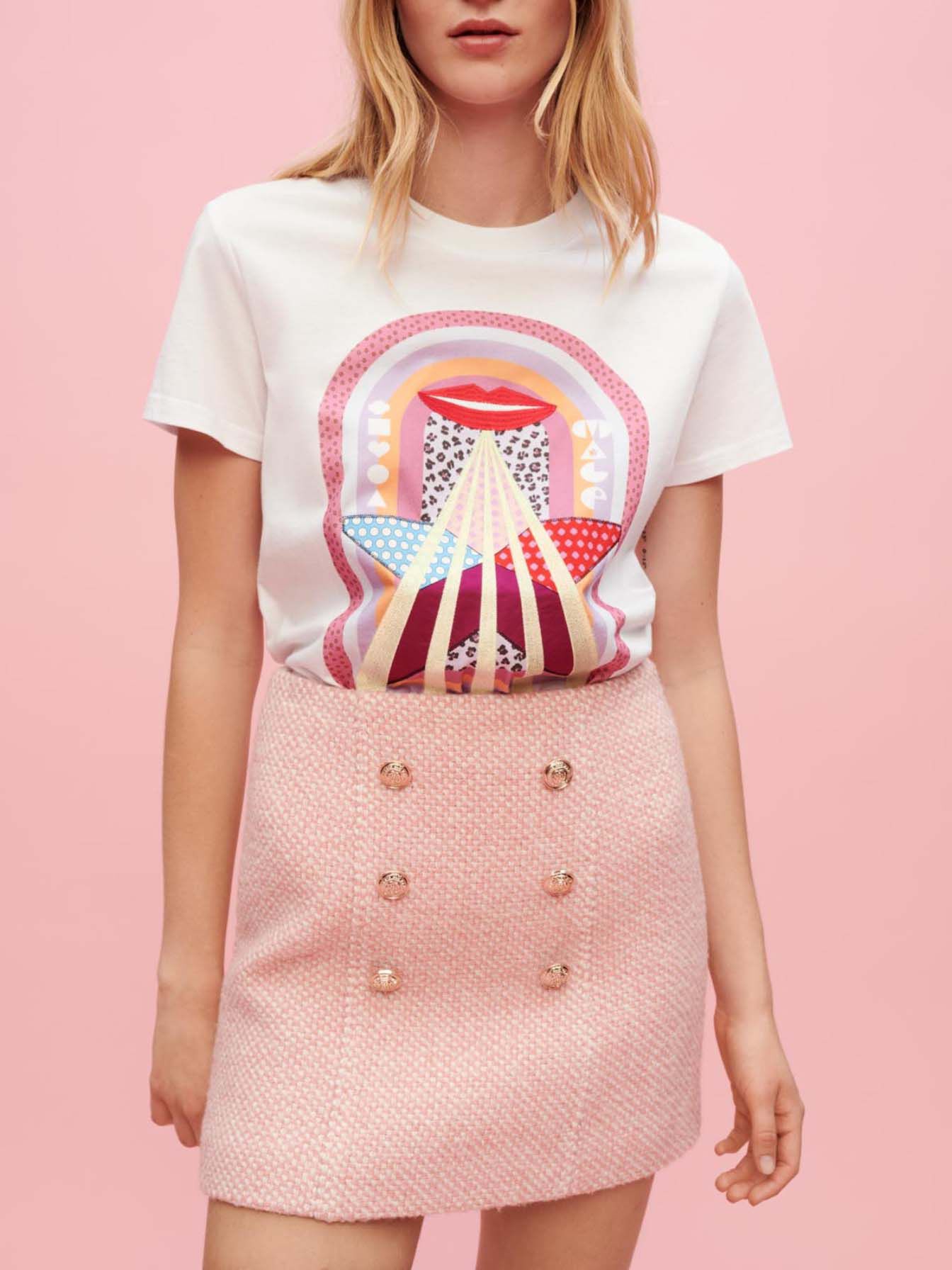 Roze en ecru gemêleerde tweed rok - Roze