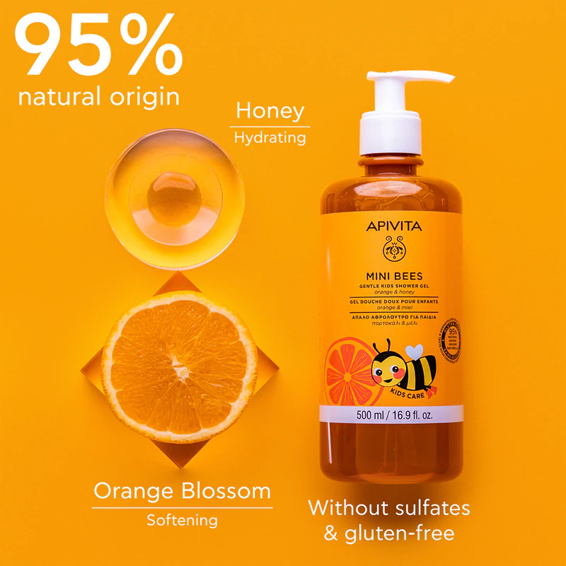 Apivita Mini Bees Gel de Banho Suave Infantil Laranja e Mel, para o corpo e cabelo das crianças.