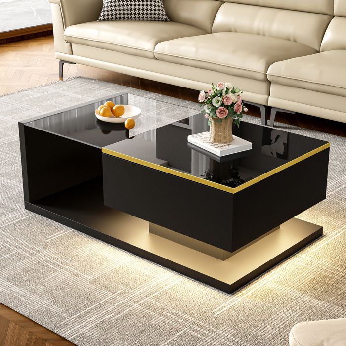Table Basse - TANANT - Moderne - Noir Haute Brillance - Éclairage LED - Verre Trempé