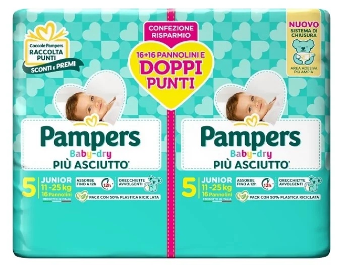 PAMPERS Baby Dry Duo Downcount Junior luiers, 32 stuks, maat 5 (11-25 kg)