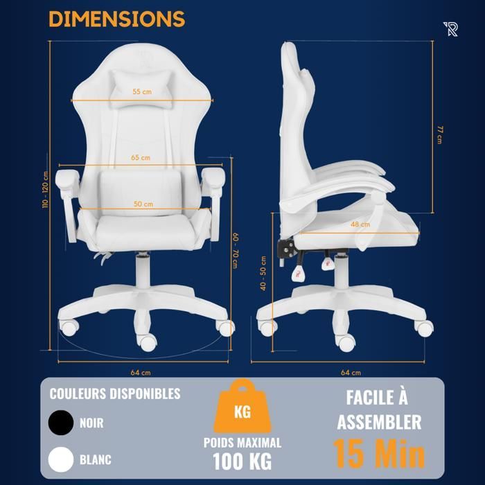 Chaise Gaming Ranqer Apollo BLANC - Fauteuil de Bureau Gamer Confortable - Siège Ergonomique Ajustable