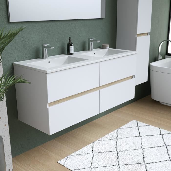 White bathroom furniture set - Double sink (120cm) - Mirror - Tall cabinet - TOTEM